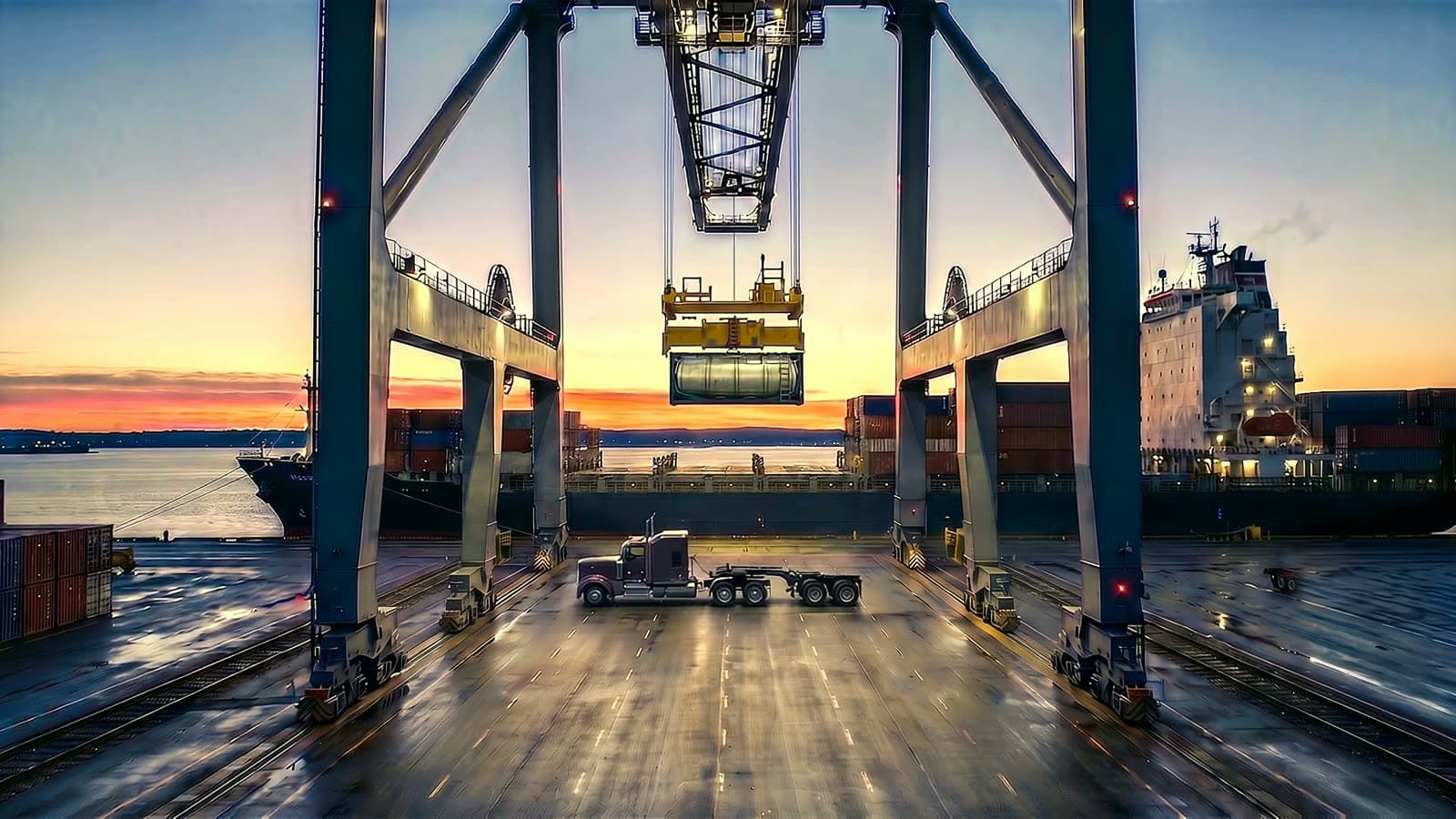 Ship-to-shore crane holding a stainless ISO tank above a truck at dawn